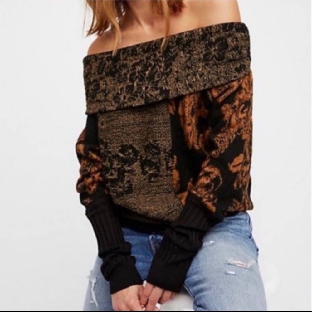 Free People Black and Brown Cowl Neck Sweater